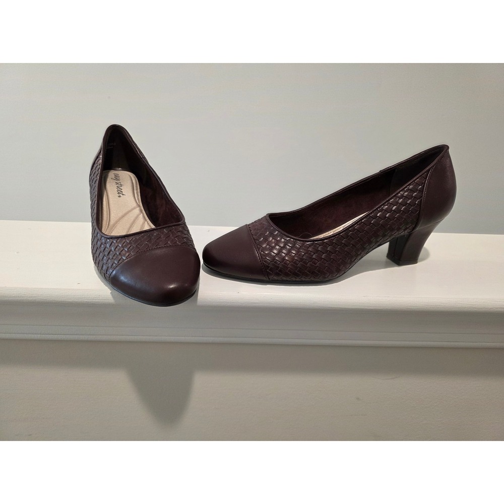 Women sz 8W Easy Street Brown Woven Cap Toe Block Heel Pumps Shoes 31-2928 Vegan
